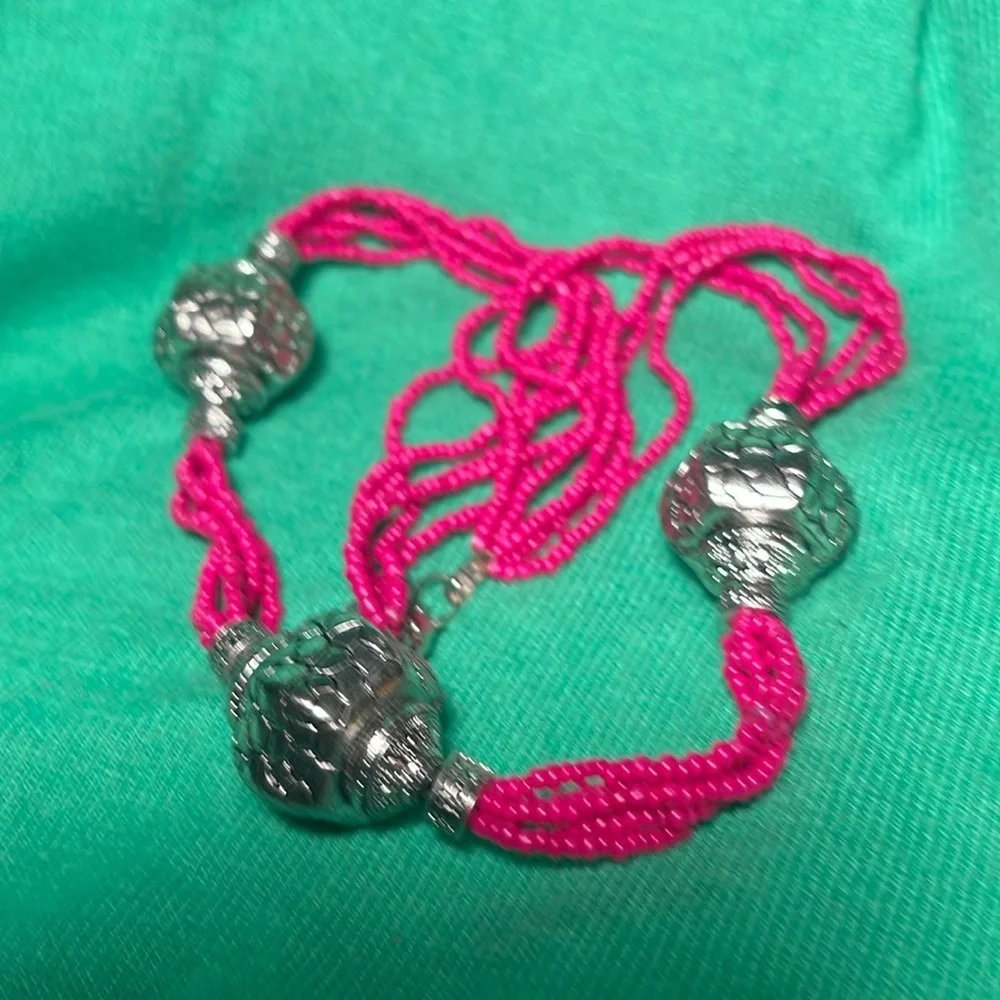 Pink Seed Beads with 3 Large Silver Tone Beads 20”